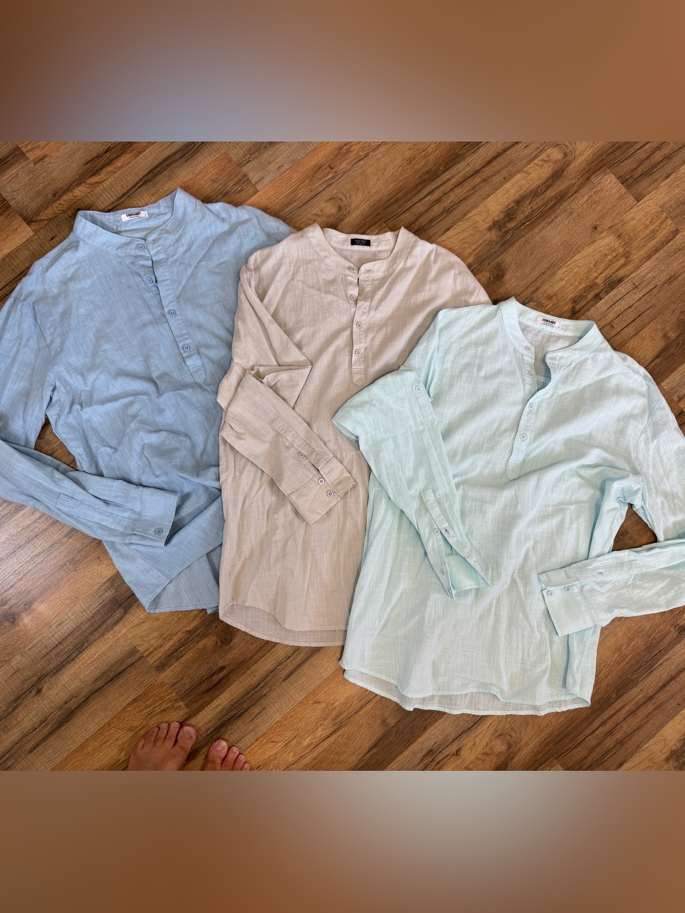 Lot of 3 Cotton Linen Hemp Band Collar Casual Shirts Men L Henley Pastel